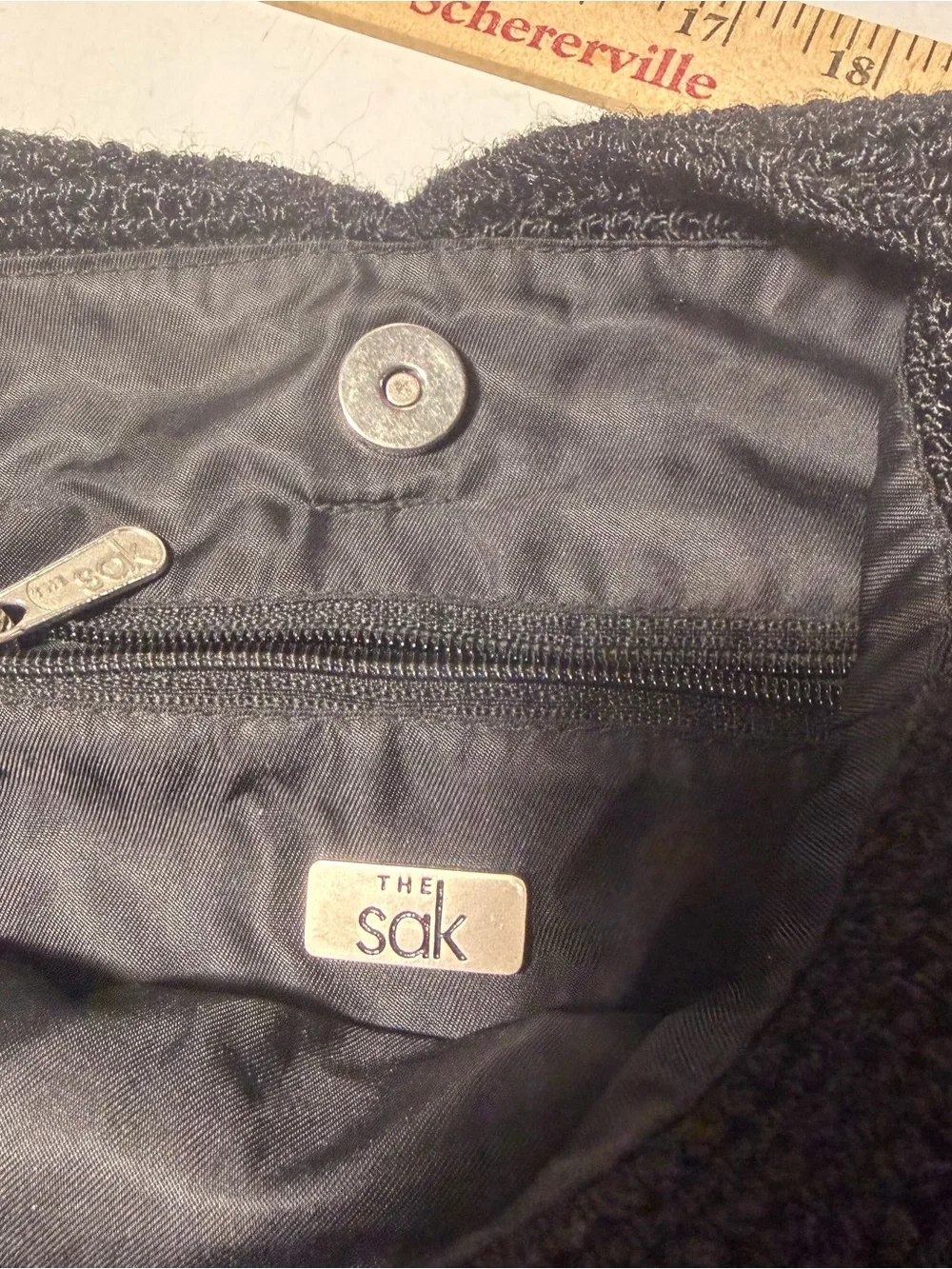 The Sak Black Crochet Purse Bag Snap Closure Zip Interior Pocket